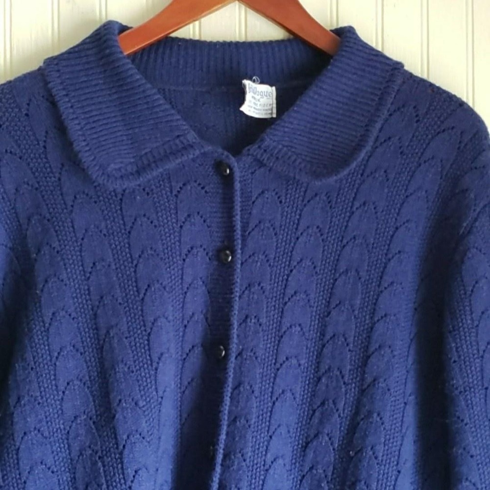 Vintage British Vogue Cardigan Sweater Womens M Blue Collared Cable Knit Pockets